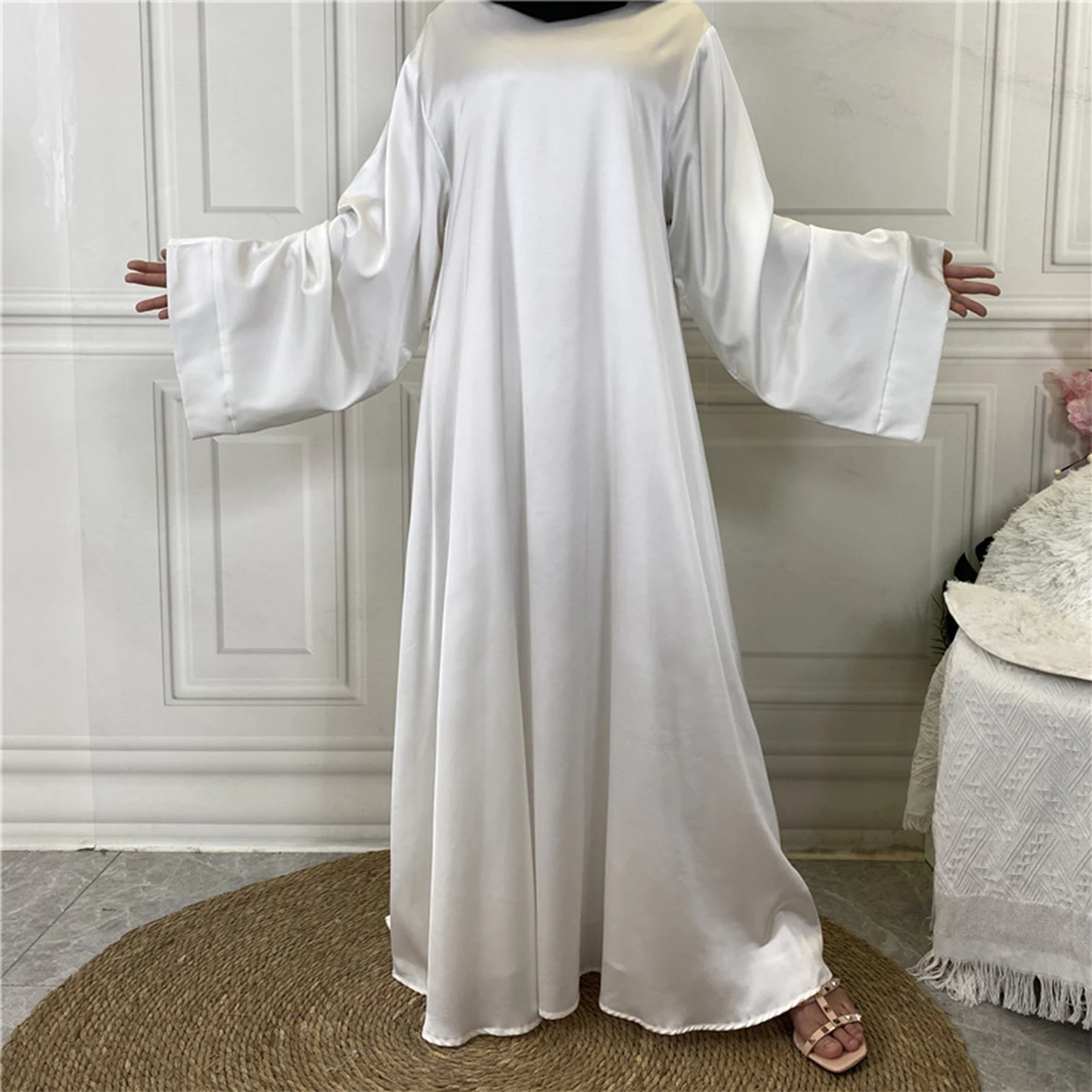 Women's Solid Satin Muslim Dress Casual Long Sleeve O-Neck Abaya for Female Fashion Loose Lace up African Dress Vestidos 2023