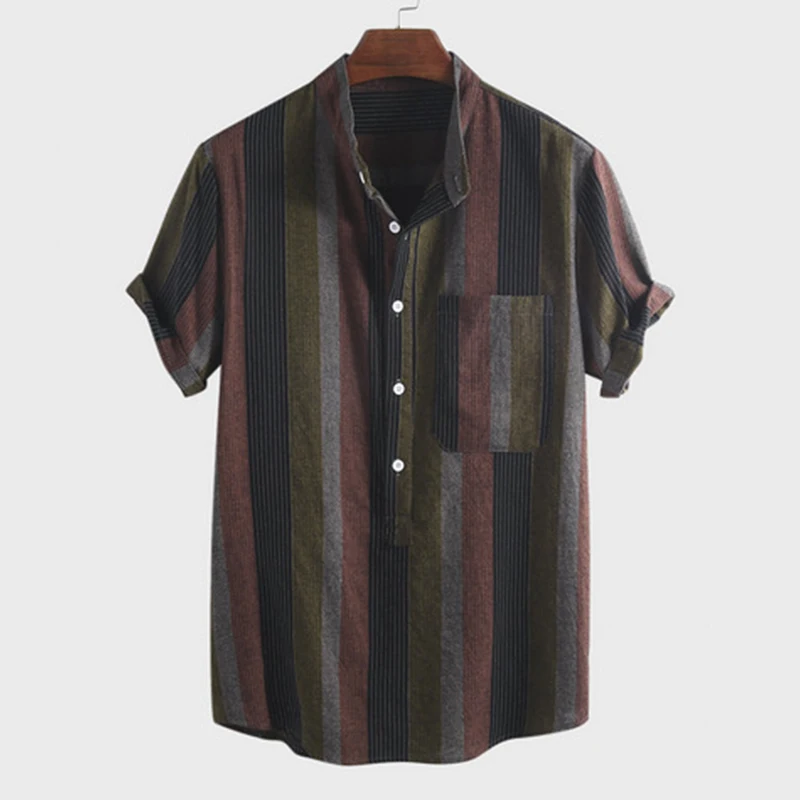 

Vintage Casual Striped Shirts Men Fashion Street Wear Stand Collar Button DownShort Sleeve Shirts with Pocket Vacation Blouse