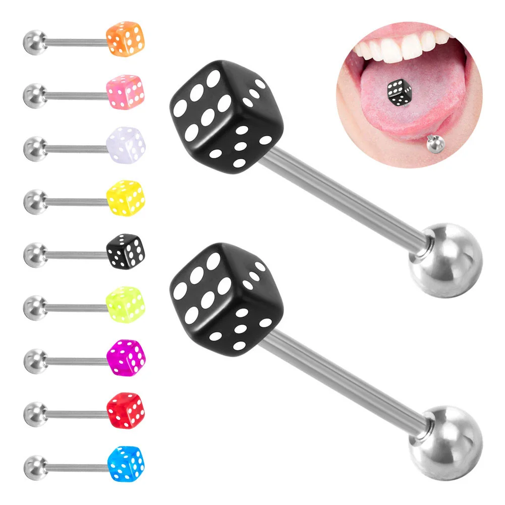 

2pcs Colorful Acrylic Tongue Piercing Jewelry Good Luck Dice Tongue Rings Women Stainless Steel Tongue Ring Bars Barbell