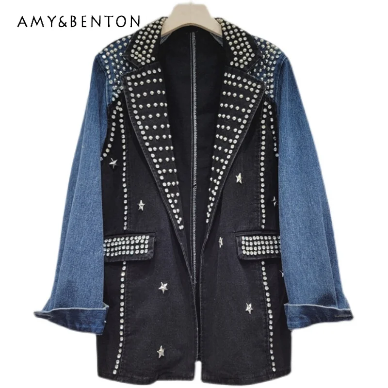 

Heavy Industry DingTalk Suit Collar Patchwork Denim Jacket Women's Fashion Design 2023 Autumn New Retro Loose Top Cardigan Coats