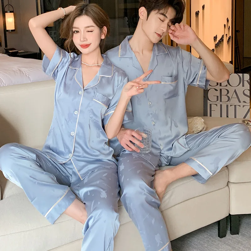 

Летняя Синяя атласная пижама, одежда для сна, пижама, комплект из двух предметов, парная одежда для отдыха с коротким рукавом, пижамный комплект