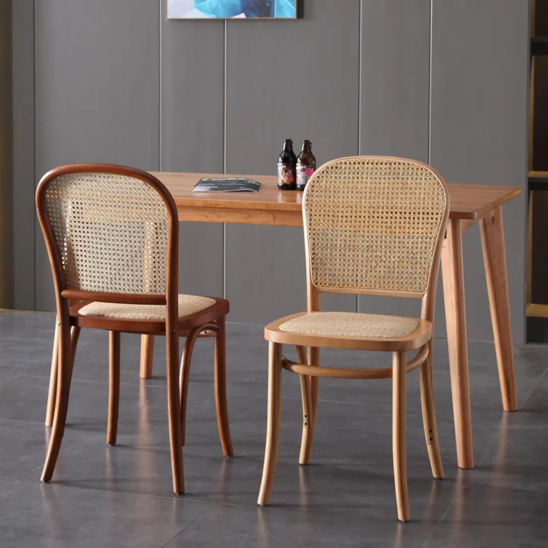 Retro Rattan Woven Back Chair Light Luxury Hotel Solid Wood Chair For Leisure Cafe Dining Chair