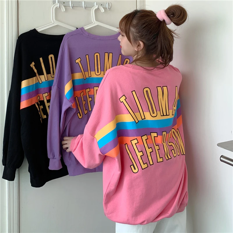 

Rainbow Letter Print Black Sweatshirt Women Loose M-XL Size Fleece Hoodies Female Pullovers Cool Streetwear Pullover Letters