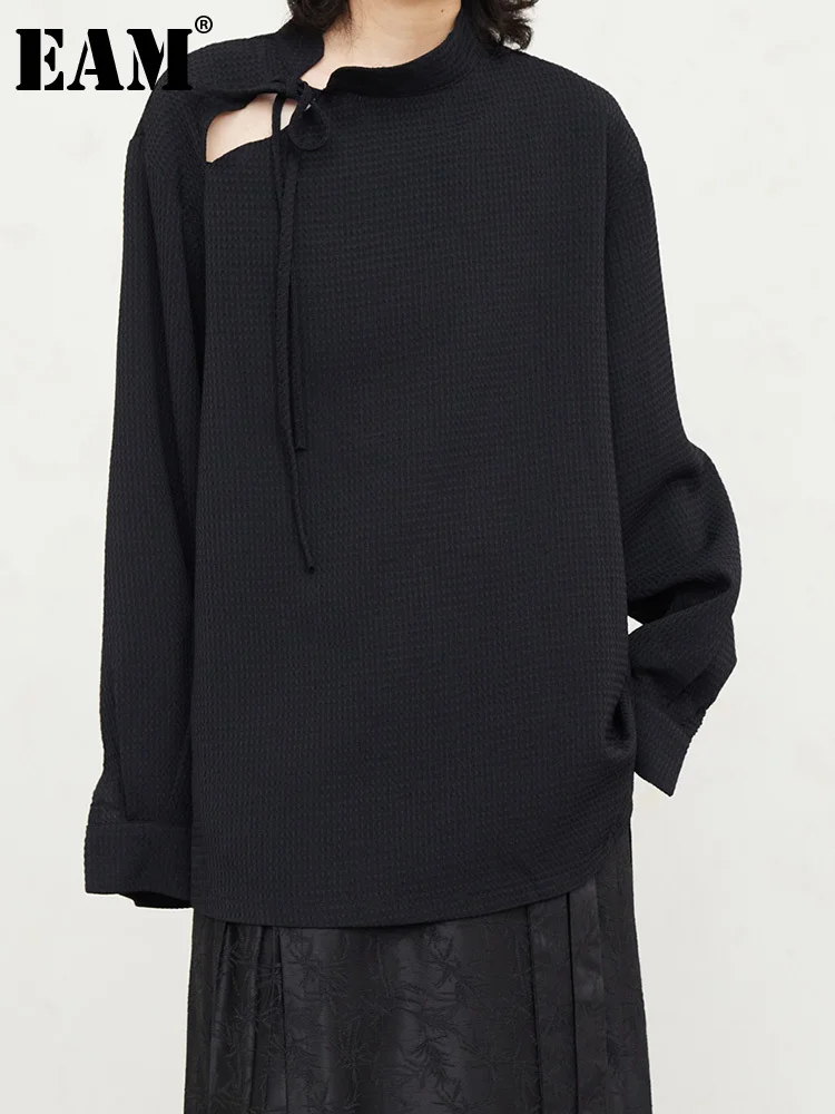 

[EAM] Women Black Big Size Bandage Blouse New Stand Collar Long Sleeve Loose Fit Shirt Fashion Tide Spring Autumn 2023 1DH1727