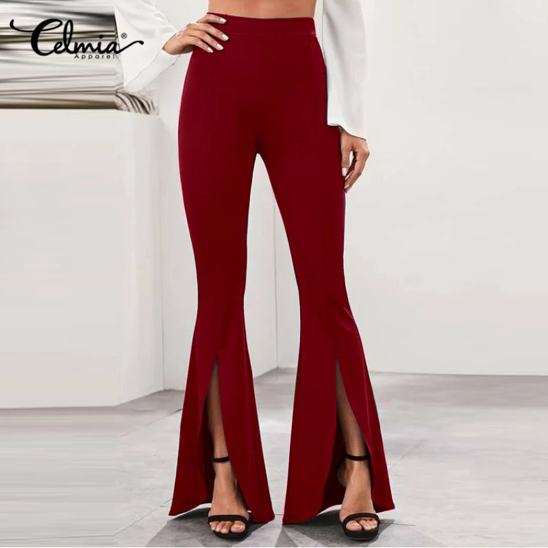 

Celmia Fashion Skinny Flared Trousers 2022 Spring Women Autumn High Waist Street Bell-bottoms Elegant Solid Hem Slit Long Pants