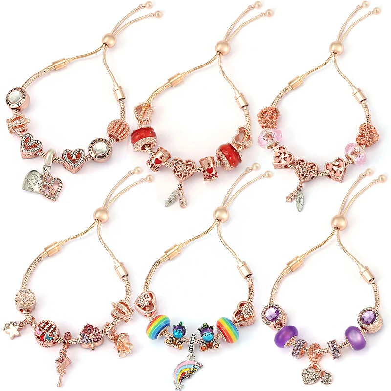 Pan Brand Adjustable Pulsera Men DIY Pink Green Glass Beads Enamel Heart Lock Key Pony Clover Charms Bracelet For Women Berloque images - 6