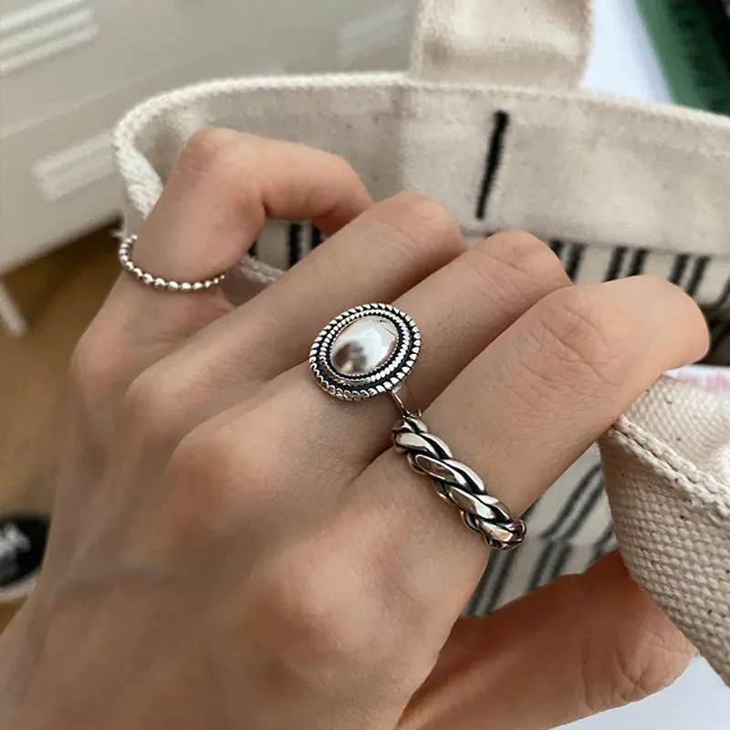 

925 Sterling Silver Oval Geometry Broad Ring for Women Girl Gift Vintage Versatile Adjustable Korean Jewelry Dropshipping