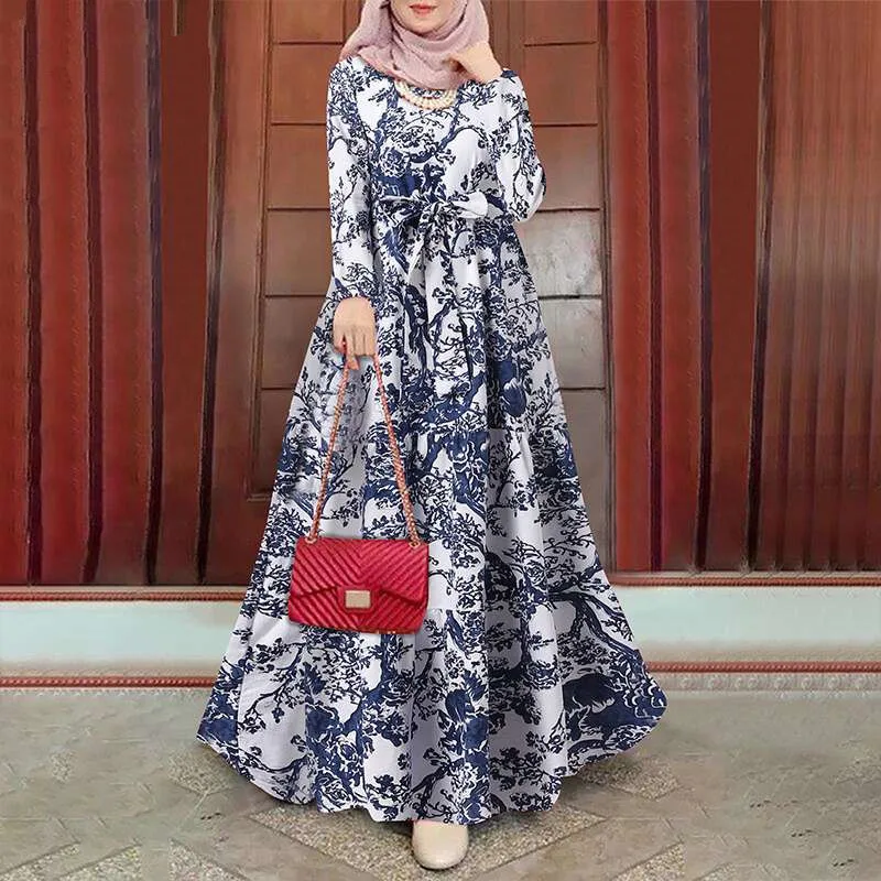 Kaftan Muslim Dress Women Autumn Printed Islamic Clothing 2022 Casual Maxi Vestidos Female Floral Sundress Turkish Robe