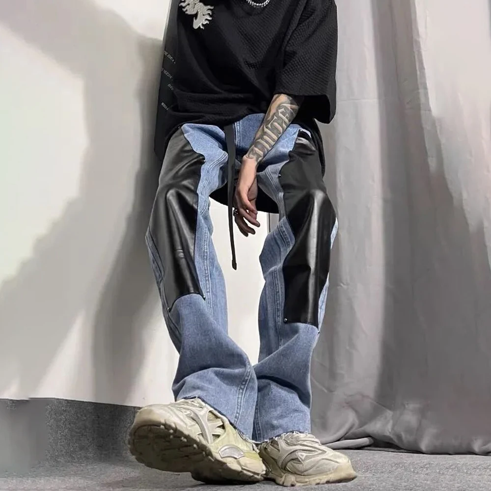 American High Street PU Leather Splicing Large Size Jeans Trendy Brand Men's Hiphop Casual Trousers Harajuku Style Fashion Pants