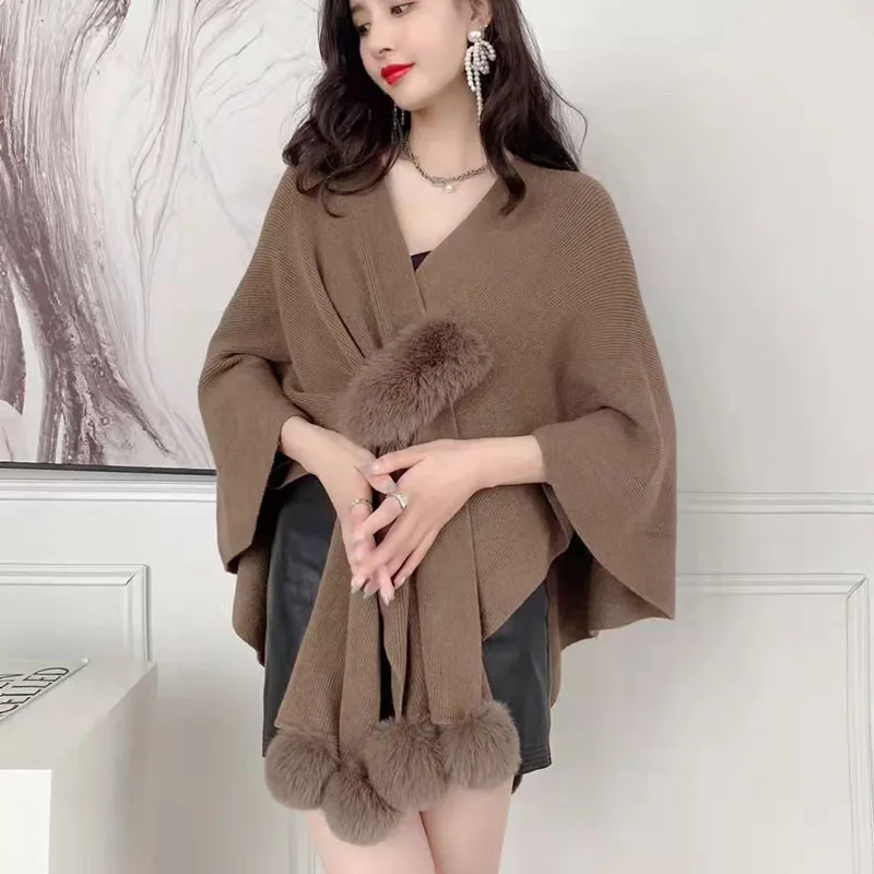 ZDFURS*2022 New Women irregular Knitted Sweater Shawl With Faux Fur Pom pom Cashmere Sweater Cape Female Winter Pashmina Wraps