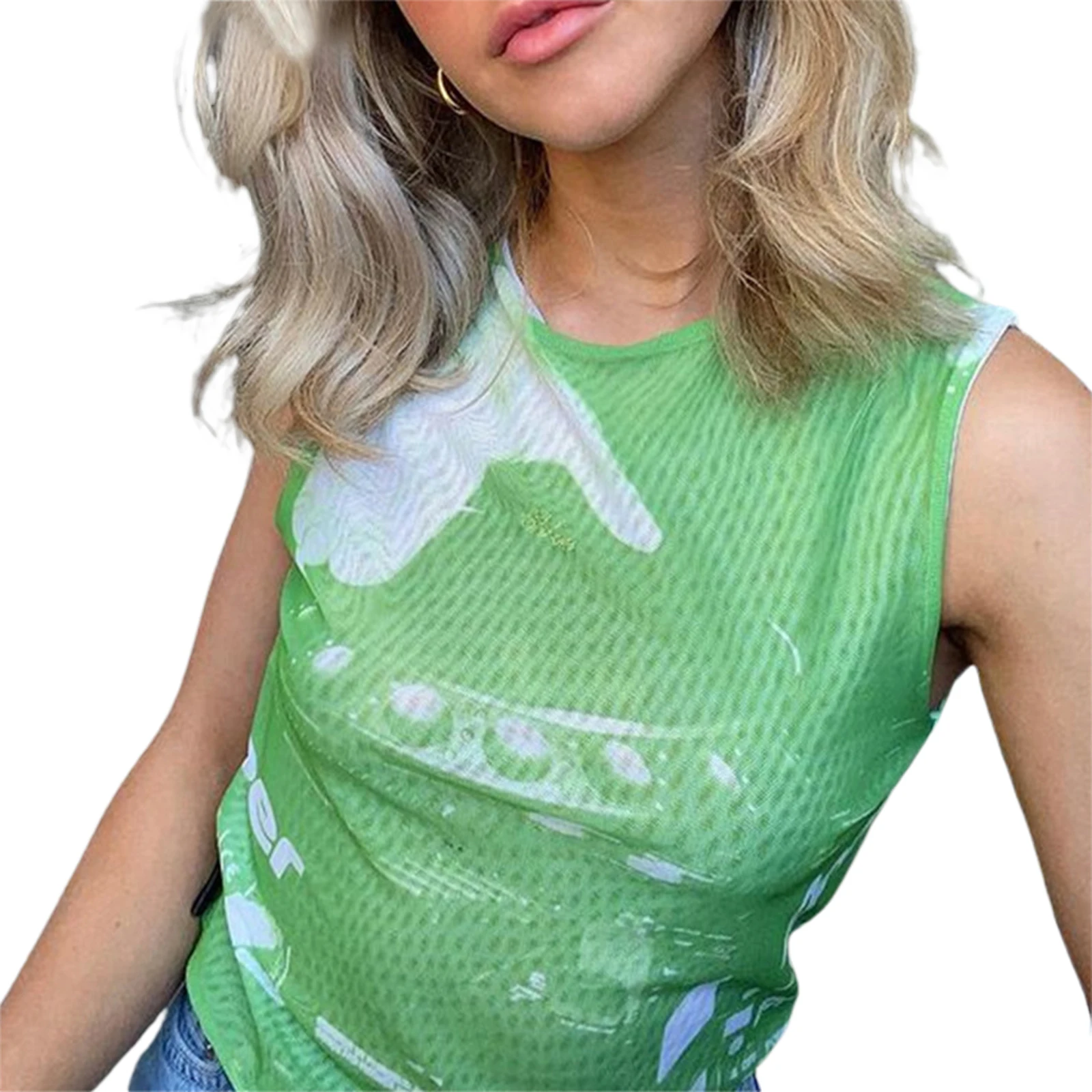 

Топ Женский Повседневный с круглым вырезом, модная Облегающая майка без рукавов, с принтом, черный/зеленый цвет, на лето
