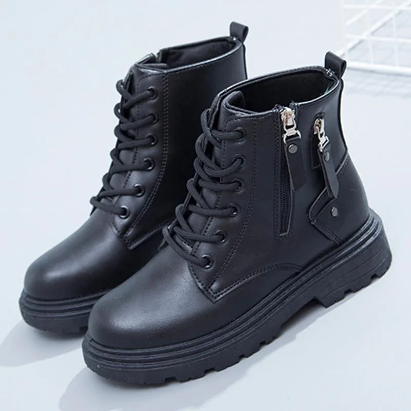 

Retro Fashion Women Platform Single Boot Casual Side Zipper Comfort Short Boots Flat Round Toe