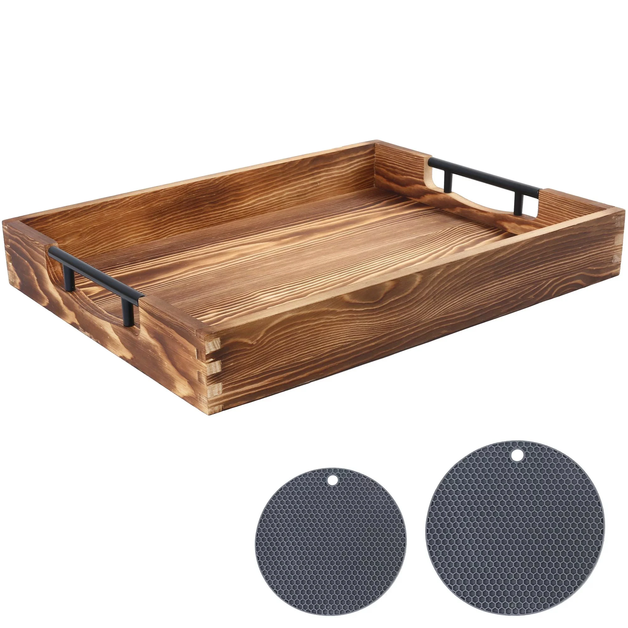 

Wood Serving Trays,17x13 in, Large Ottoman Tray, Rectangular Brown Nesting Food Trays
