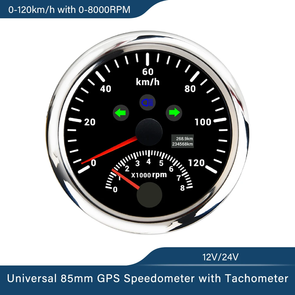 

New 85mm GPS Speedometer 0-120km/h 0-200 km/h With 0-8000 RPM Tachometer With Red Backlight 12V 24V For Car Yacht Boat