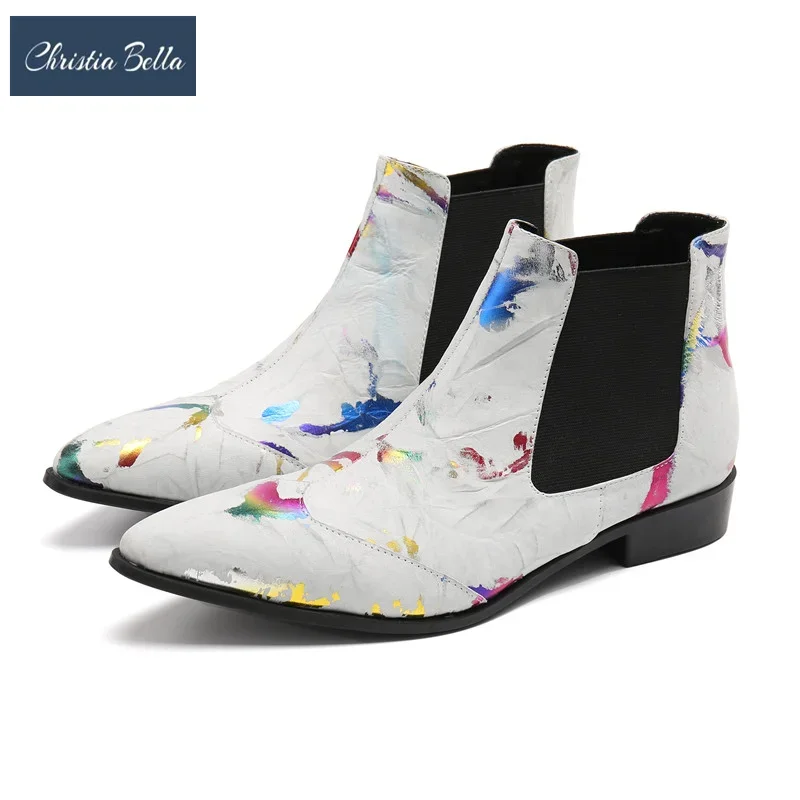 Модные короткие ботинки с острым носком и принтом белого цвета Свадебная Женская