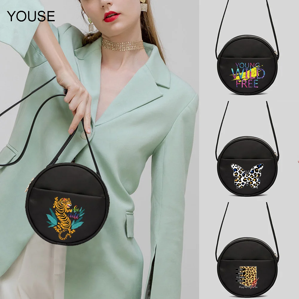 

YOUSE 2020 casual shopping bag trend wild woman cartoon bag wild leopard pattern black printing fashion round cake canvas bag