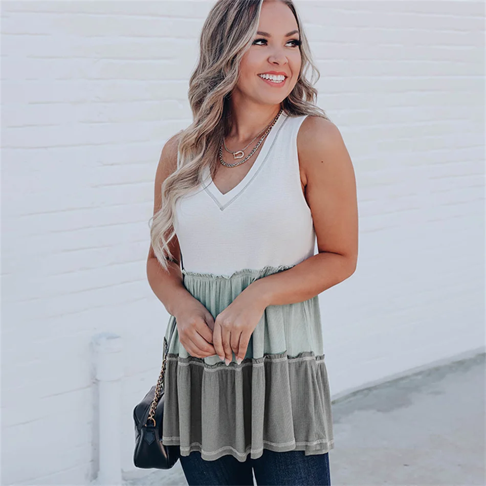 

Summer Women Fashion Waffle Splice Tank Tops Ladies Sleeveless V-Neck Irregular Top Tank Loose Color Matching Women Top