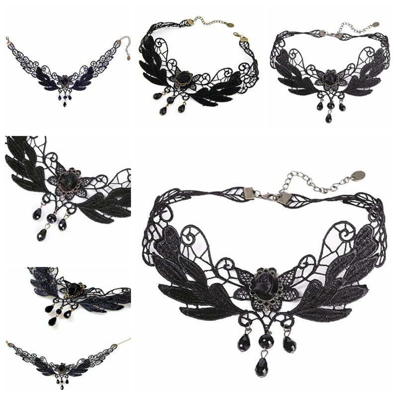 1 pcs gothic vintage hot sale women black rose teardrop pendant sexy lace necklace lolita collar necklace brand newly free global shipping