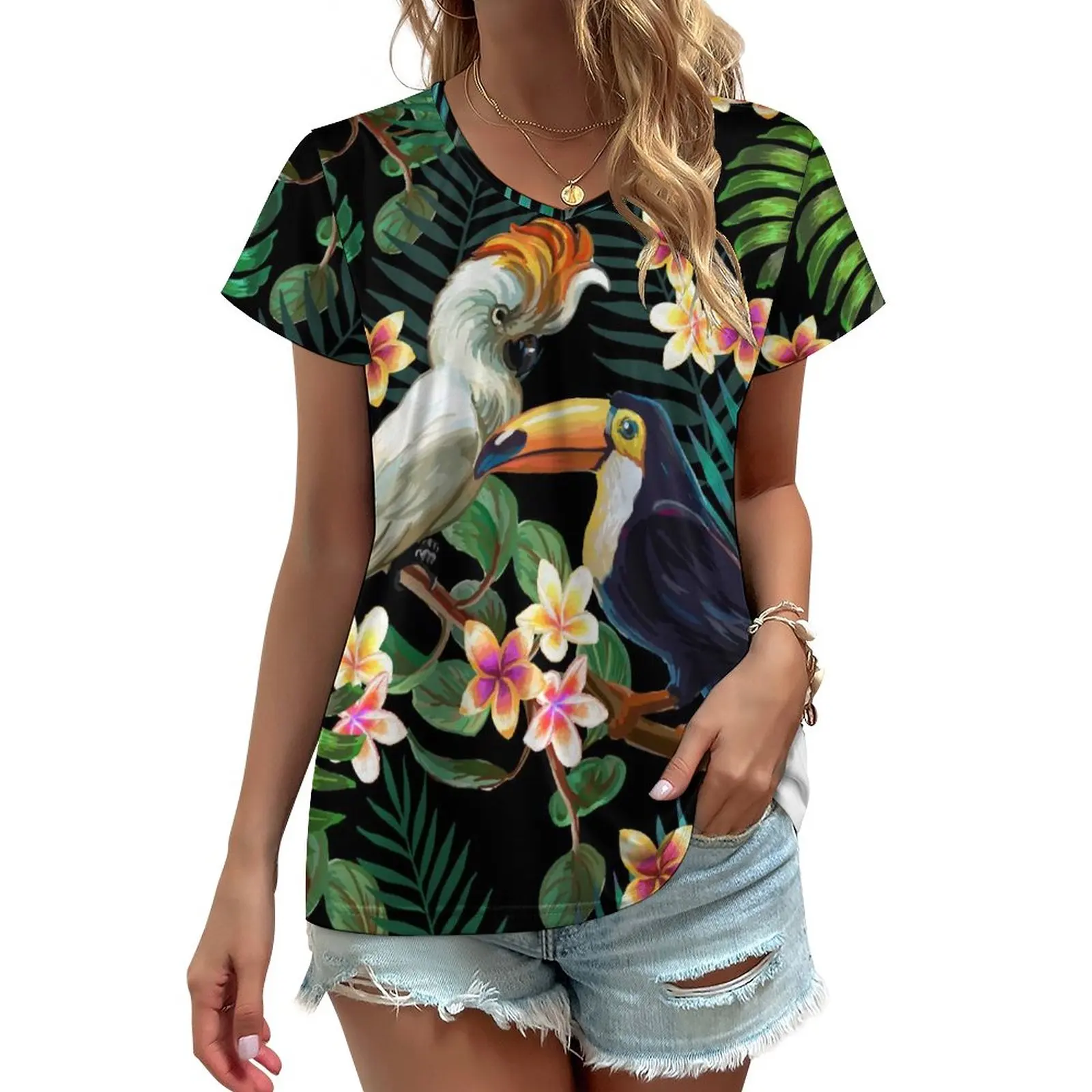 

Palm Leaves Forest T-Shirt Floral And Birds Print Aesthetic Oversize T Shirts V Neck Street Style Tees Summer Graphic Clothes