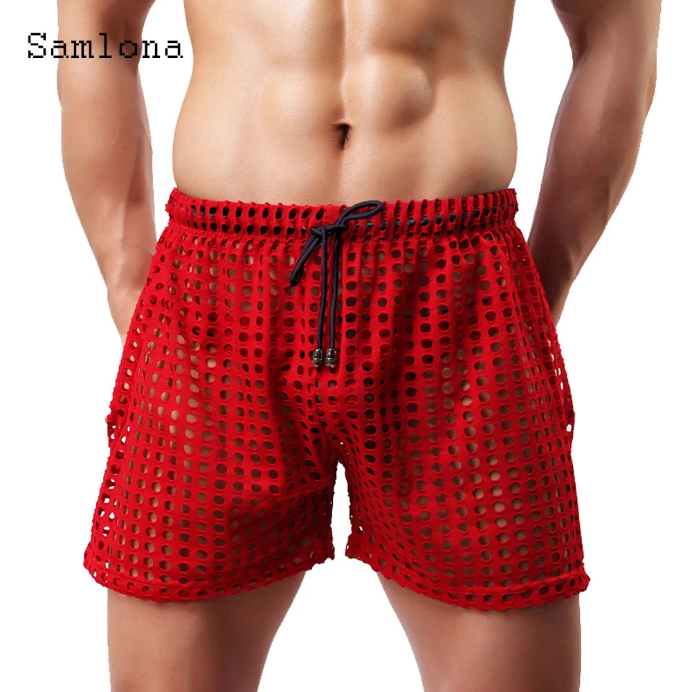 Sexy Hollow Out Shorts 2022 European Style Casual Beach Short Cross-pant Black Men See Through Fetish Loose Drawstring Hotpants images - 6