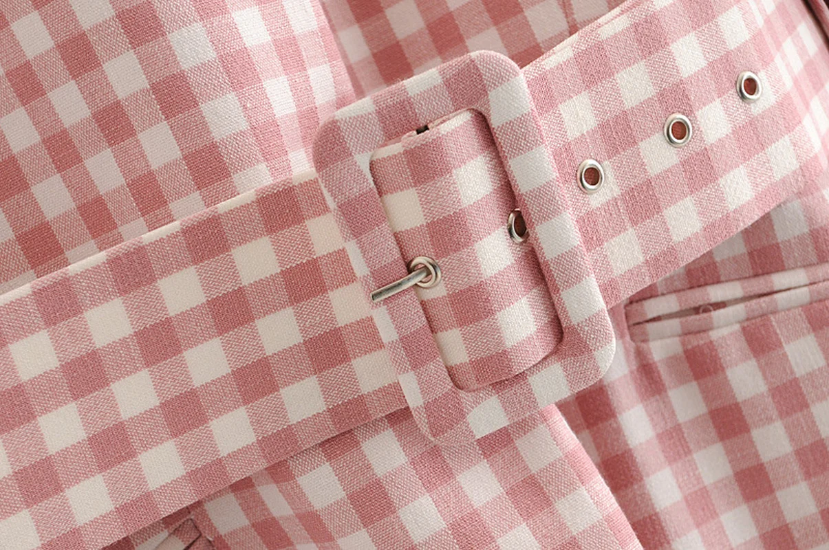 Pink Sweet Plaid Blazers with Free Sashes Women Cute Buttonless Plaid Casual Office Blazer Suit 2021 New Y2k Girl Chic Work Suit