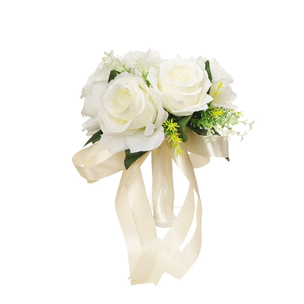 

Silk Wedding Bouquets Holding Flowers Artificial Natural Rose Wedding Bouquet White Champagne Bridesmaid Bridal Party