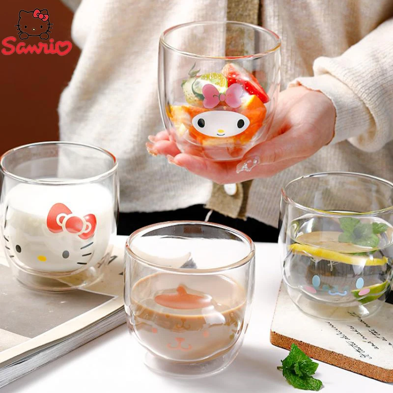 

Kawaii Sanrio Hello Kitty Cinnamoroll My Melody Kulomi Anime Cartoon Double Glass Water Cup Cute High Temperature Resistant Cup