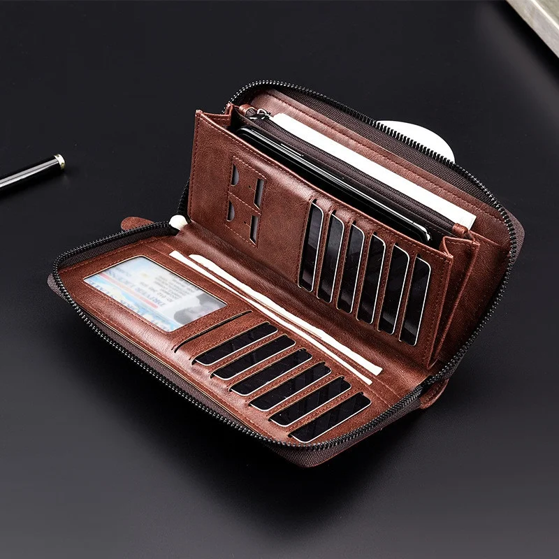 Business Zipper Men's Long Wallet RFID Blocking Money Wallet Luxury Soft Leather Coin Purses Man Card Holder Clutch Bag