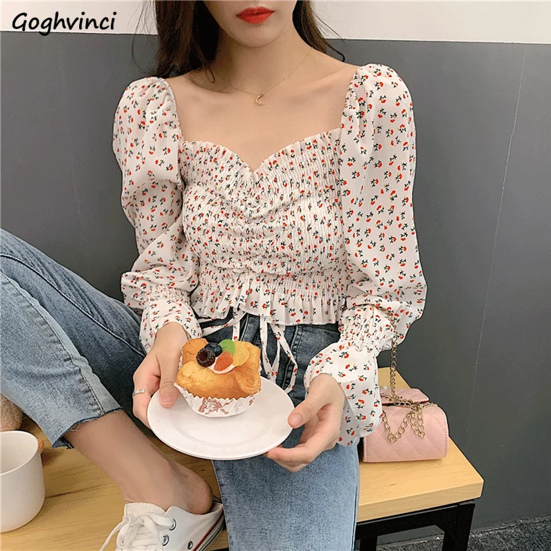 

Blouses Women Elegant S-5XL Slim Floral Long Flare Sleeve Crop Tops Female Chiffon Low Cut Sexy Streetwear Off-shoulder Retro