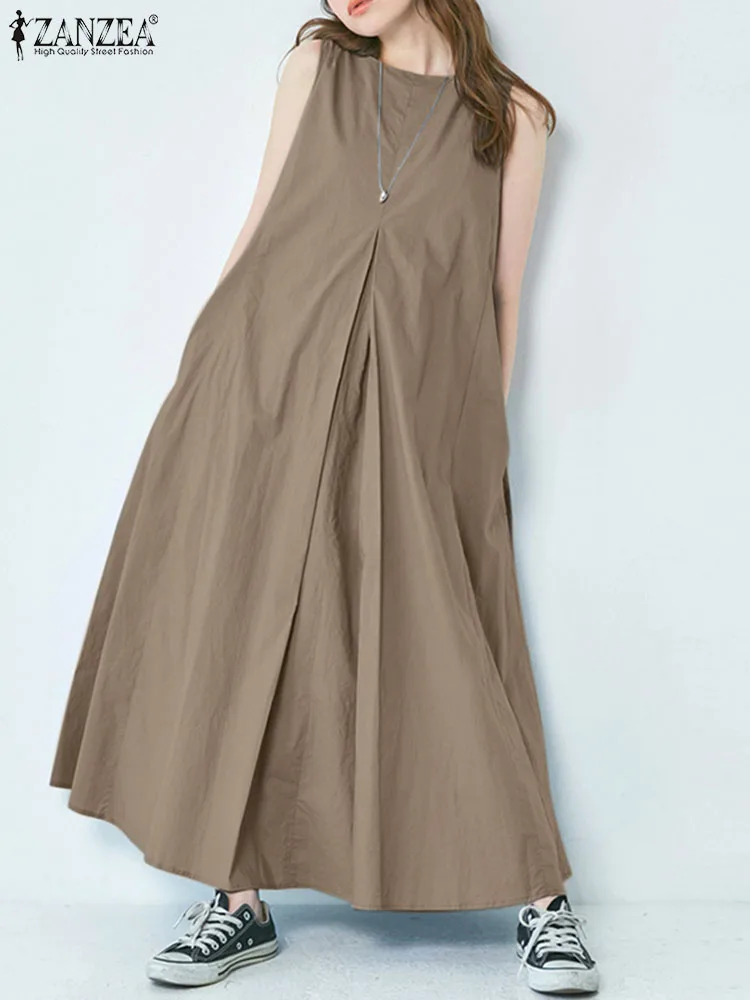 

ZANZEA Korean O-Neck Vestidos Holiday Fashion Solid Long Dress Women Sleeveless Tank Sundress 2023 Summer Pockets Maxi Robes