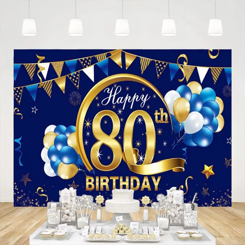 

Happy 80th Birthday Backdrop Banner Decorations for Men Women Blue and Gold Photo Background Party Supplies Sign Decor