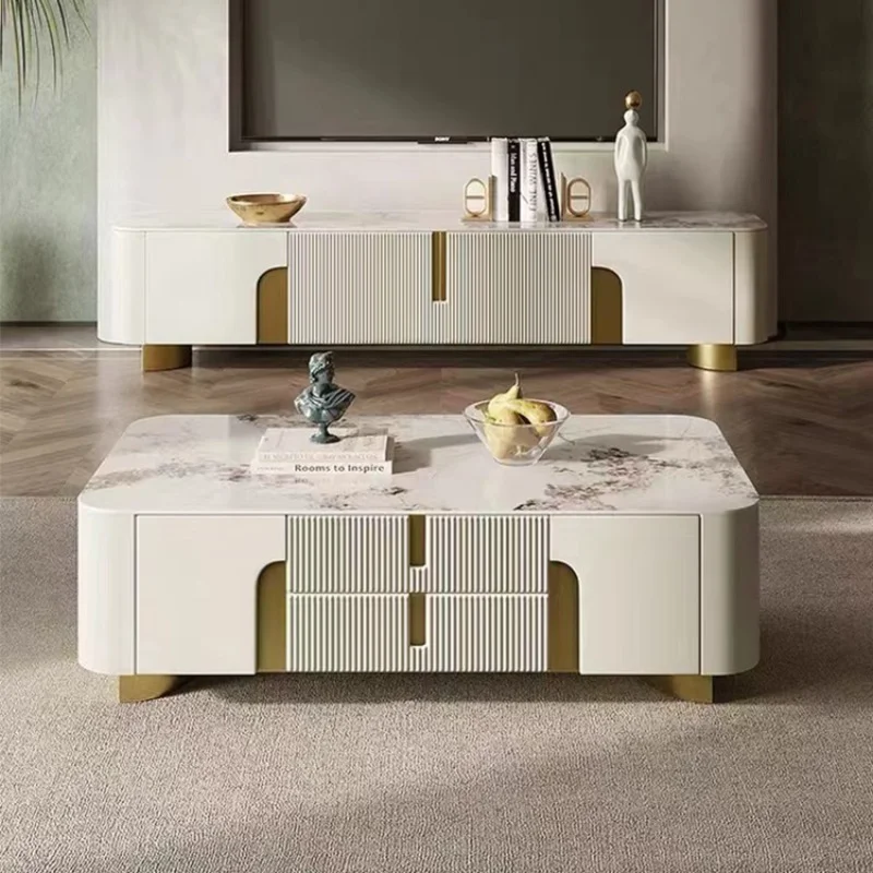 

Light Luxury TV Cabinet Rectangle Center Tables White Display Sideboard With Drawers Round Corners Coffee Table Living Room
