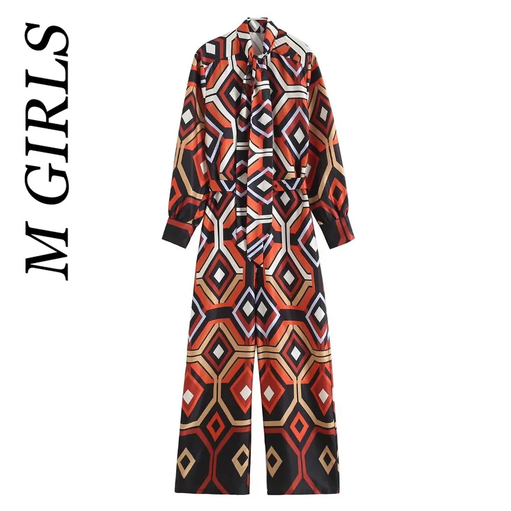 M GIRLS Women Fashion With Belt Geometric Print Wide Leg Jumpsuits Vintage Long Sleeve Side Zipper Female Playsuits Mujer