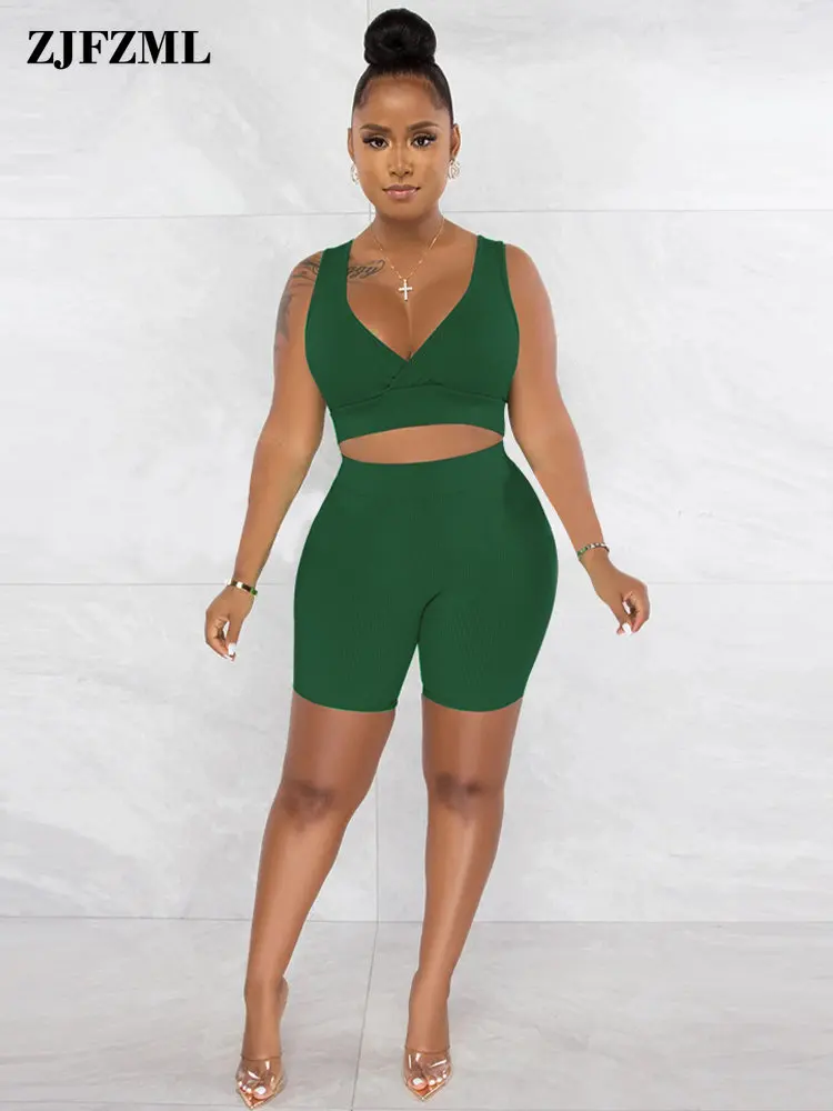 

Летний женский спортивный костюм из 2 предметов, повседневный укороченный топ без рукавов с глубоким V-образным вырезом и эластичный облегающий мини-костюм с высокой талией