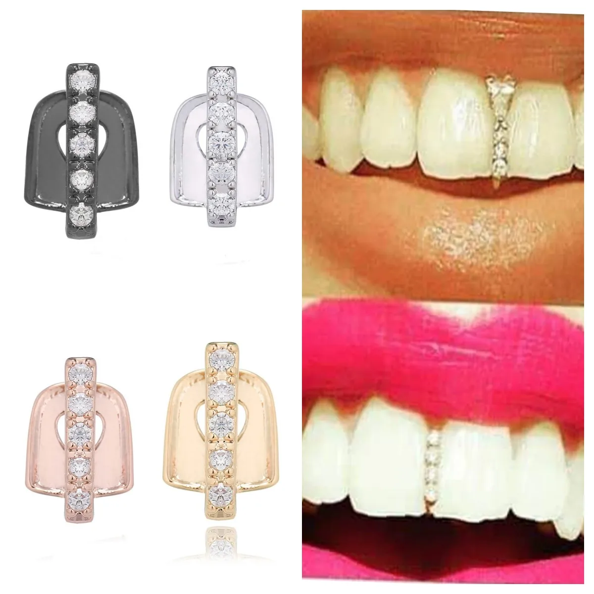 

TON ZIR Hip Hop Iced Out Zircon Fang Mouth one Teeth Grillz Gap Single Crystal Men Women extravagant Accessory