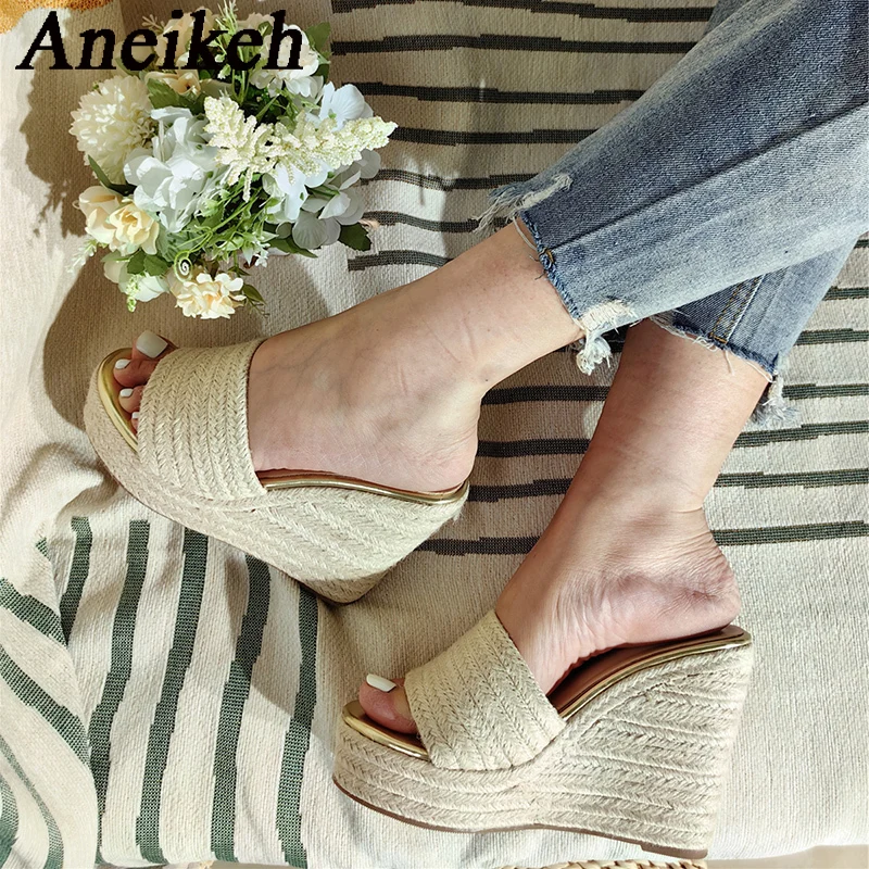 

Aneikeh 2024 Summer Hemp Braid Platform Wedges Sandals Women's Open Toe Outdoor Beach Comfort Casual Slippers Zapatos Mules