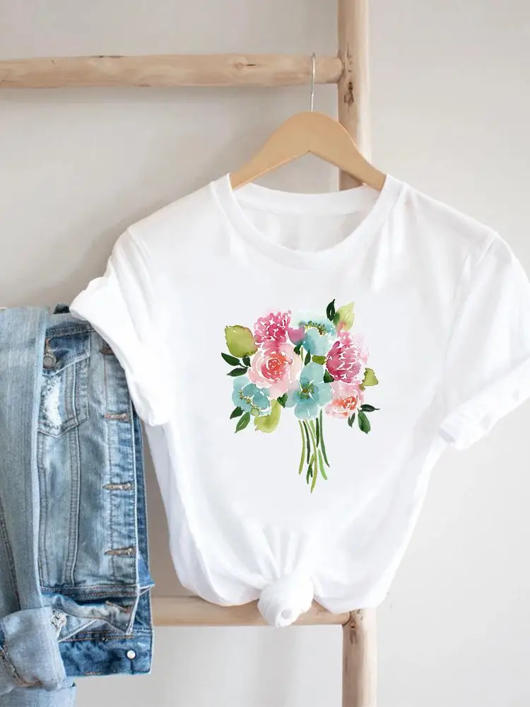 

Sweet Flower Cute Trend Short Sleeve Fashion Tee Clothing Print Clothes Women Tshirt Female Top Casual Summer Graphic T-shirt