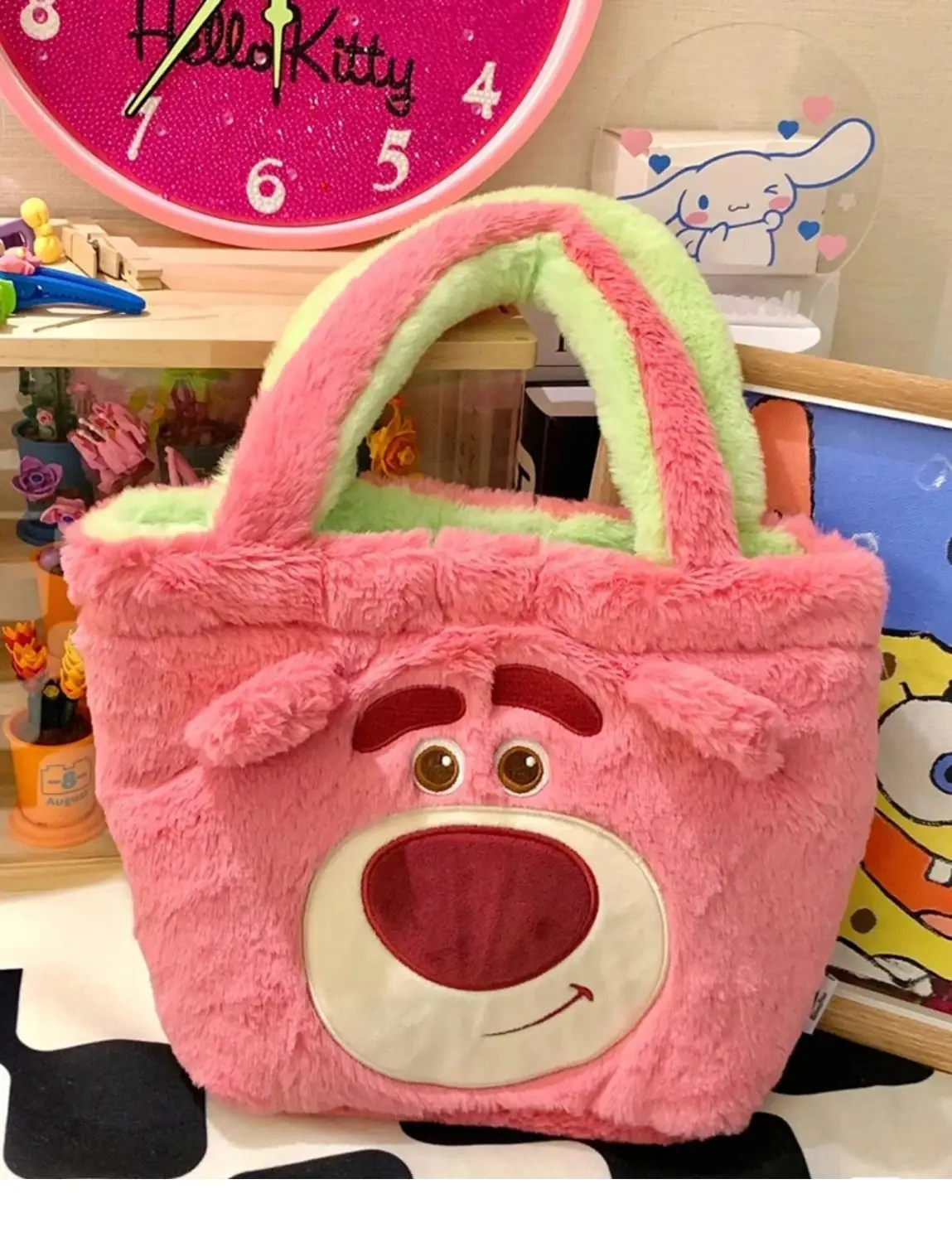 Disney Strawberry Bear Three Eyes Double Bread New Plush Bag Cute Cartoon Work Tote Bag Large Capacity Shoulder Bag