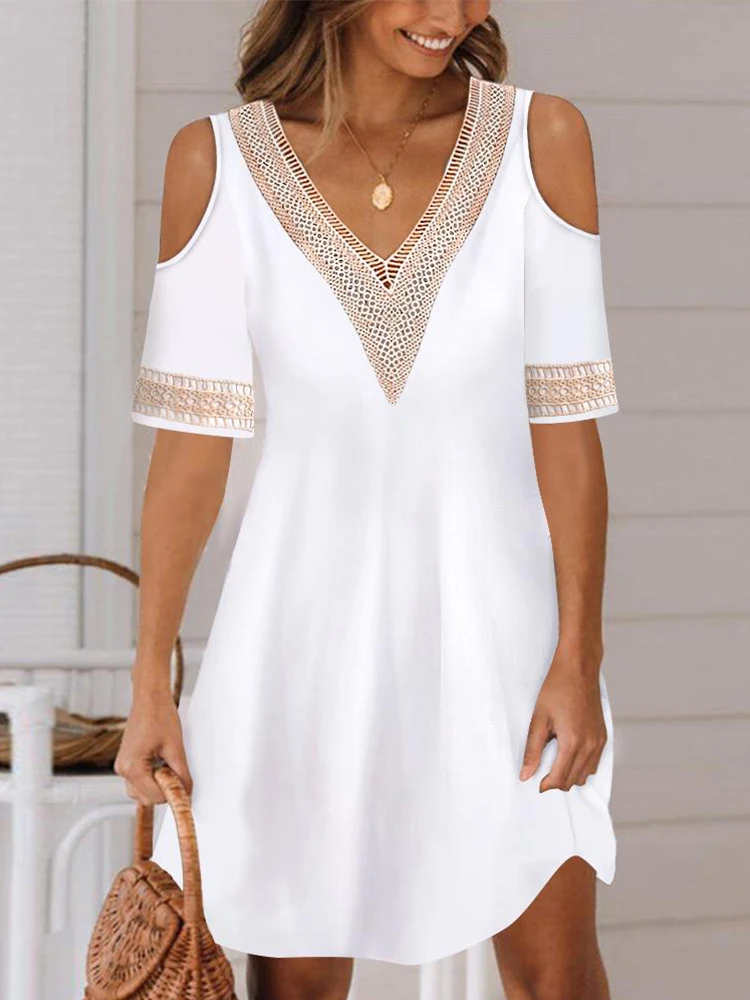 

Floral Print Cold Shoulder Contrast Lace Casual Dress