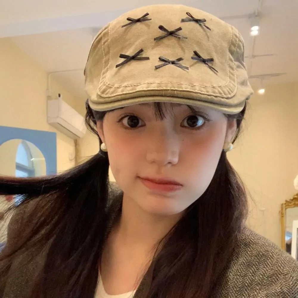 Милая шляпа художника Y2K хлопковые береты 56-58 см кепка с бантом большая