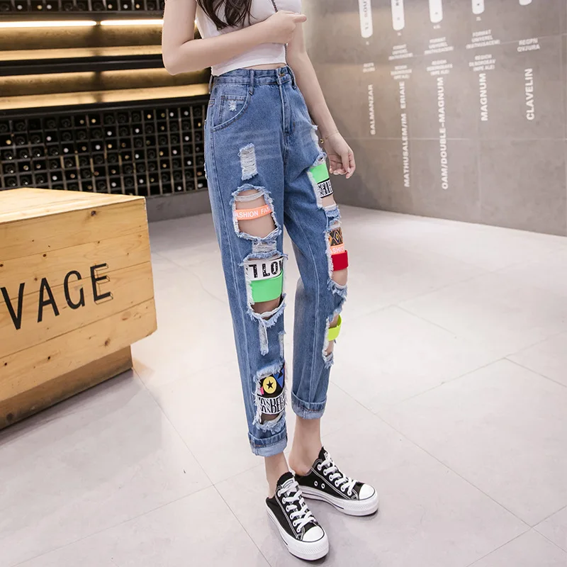 2023 Fashion Brand Design Feeling Broken Hole Jeans Female Summer High Waist Straight Barrel Beggar Dad Chic Cropped Feet Pants