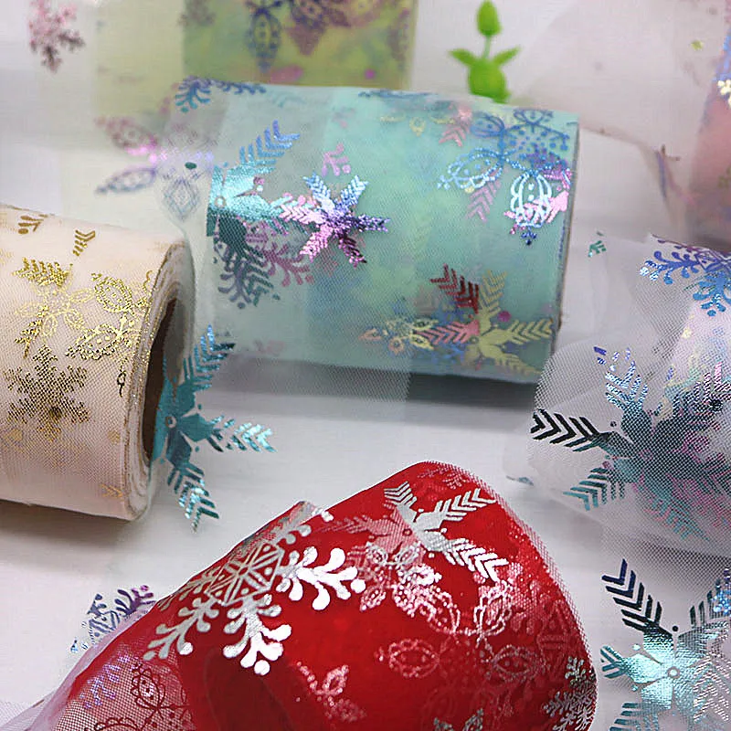 Лента из органзы с принтом снежинок 25 ярдов 60 мм | Дом и сад