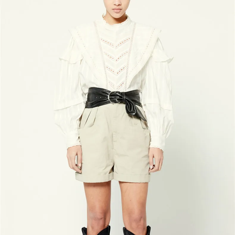 

Women White Blouse Lace Patchwork Ruffles Stand Collar Casual Long Sleeve Shirt