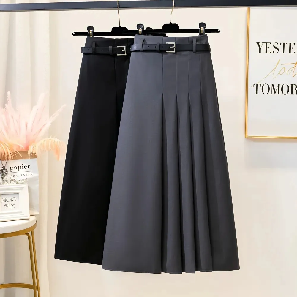 Женский плиссированный костюм черная длинная юбка с поясом Корейская серая