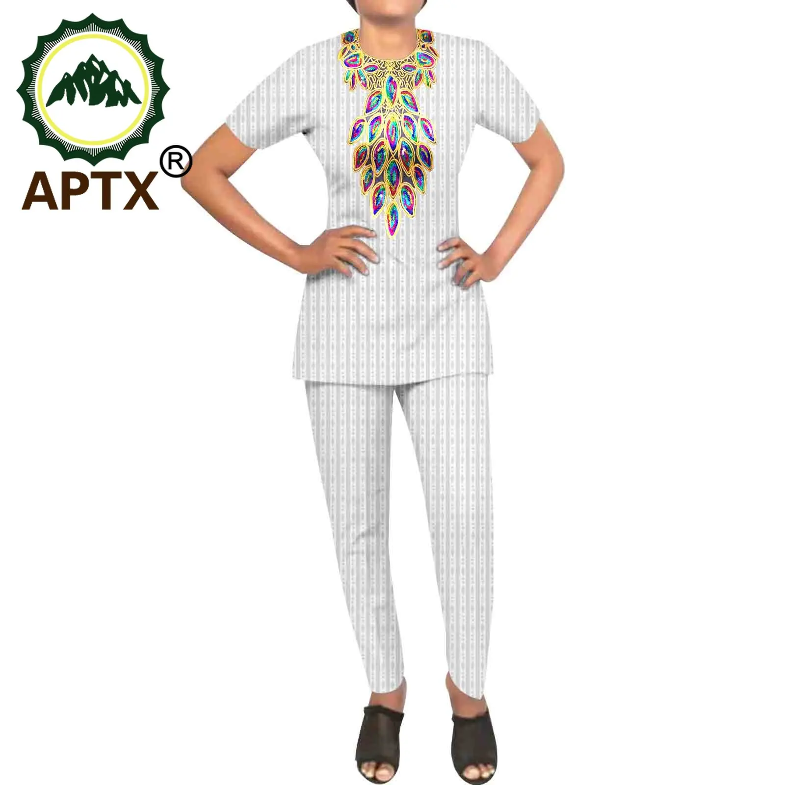 APTX African Set for Women 2 Pieces Suit Short Sleeves Appliques Top+Slim Trousers Casual Style Polyester Material TA2226015