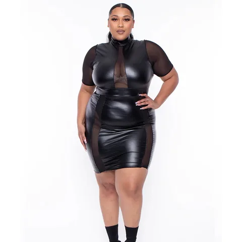 Oversize Women's Summer New Product Polyester Mesh Splice Fashion Sexy Dress PU Slim Fit Trend 2023 Solid Color Spring Africa