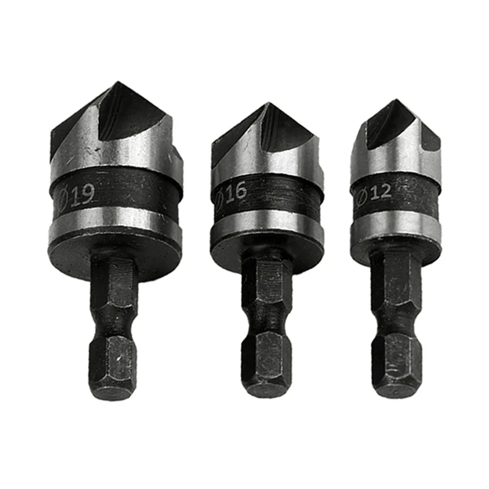 

3pcs 82Degrees Chamfer Drill Bit Set 12/16/19mm 5Flute Woodworking Drill Bit Cutter Countersink Drill Bit Set Metal Drilling