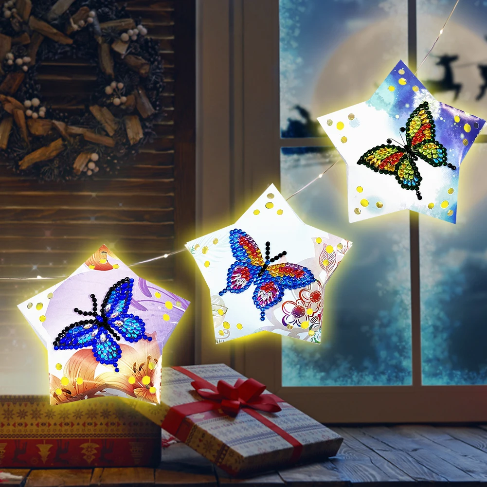 

3pcs DIY Diamond Drawing Star LED Lights Hanging Paper Card Star Lamp Garland Ornaments Festival Party Decoration