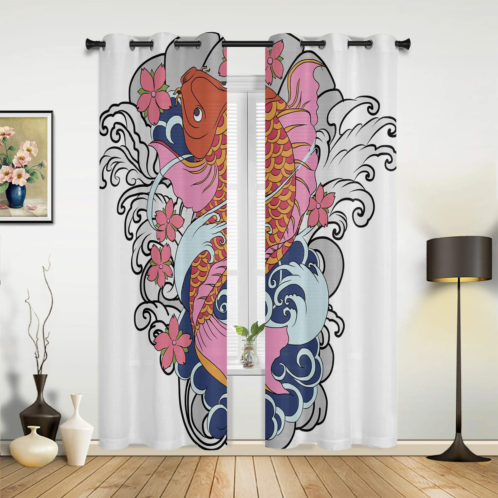 

Koi Flowers Water Waves Lines Curtains for Bedroom Living Room Drapes Kitchen Children's Room Window Curtain Modern Home Decor