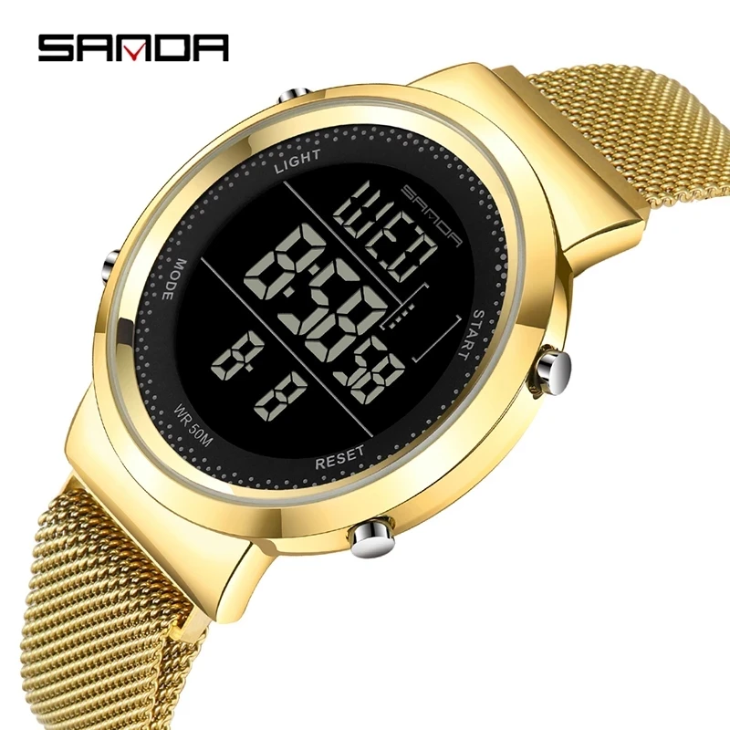 SANDA Charming Multifunctional Digital Watch Steel Mesh Strap Magnet Clasp Electronic Clock Outdoors Business Couple Watch 383
